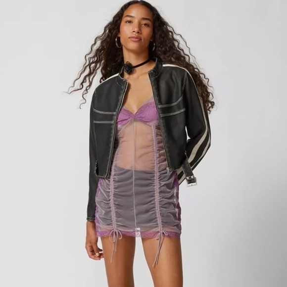 Urban Outfitters UO Marina Sheer Ruched Monochromatic Purple Mini Dress M NWT - Picture 2 of 16